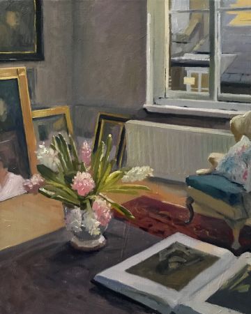 Morning Light in the Studio with Velasquez Book and Hyacinths