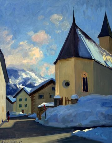 Contre-jour afternoon light, the church at Silvaplana