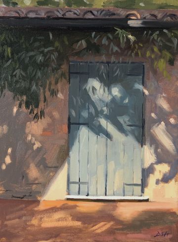 Dappled light on blue shutters, Cetona