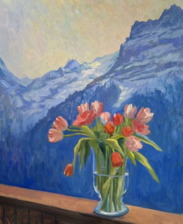 Tulips on the balcony, Distant Finsteraarhorn