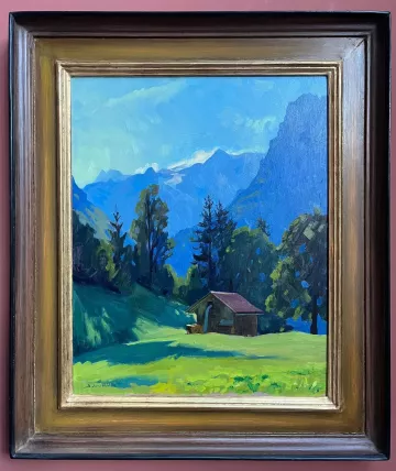 Summer morning in a mountain pasture towards the Finsteraarhorn