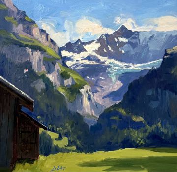 Summer afternoon by a wooden hut, Paragliders by the Grindelwald Glacier