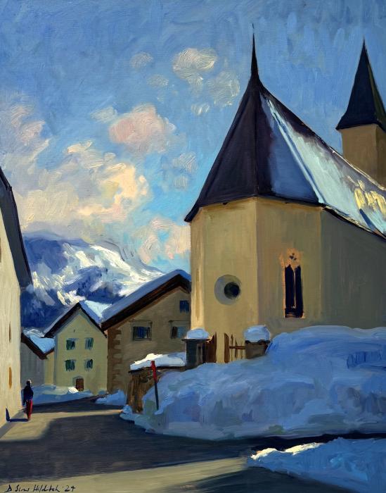 Contre-jour afternoon light, the church at Silvaplana